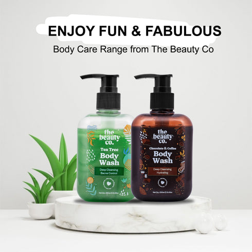 the beauty co Shower Routine Tea Tree and Choco Coffee Body Wash and Bergamot Essential Oil